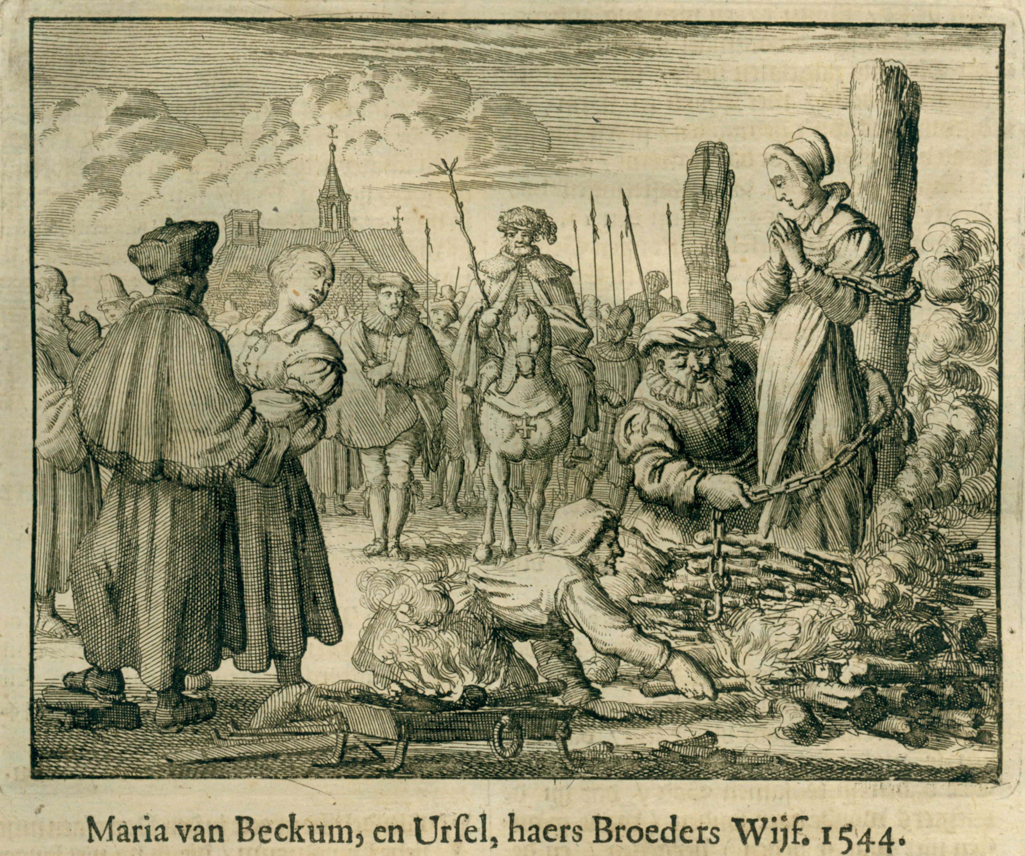 Jan Luyken, Verbranding van Maria en Ursula van Beckum te Deventer, 1544.